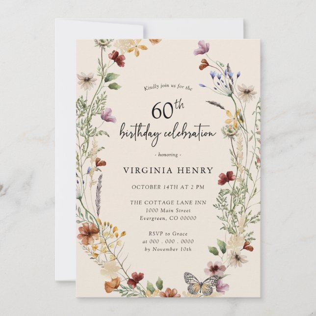 Invitation de fête d'anniversaire 60 ans Floral (Devant)