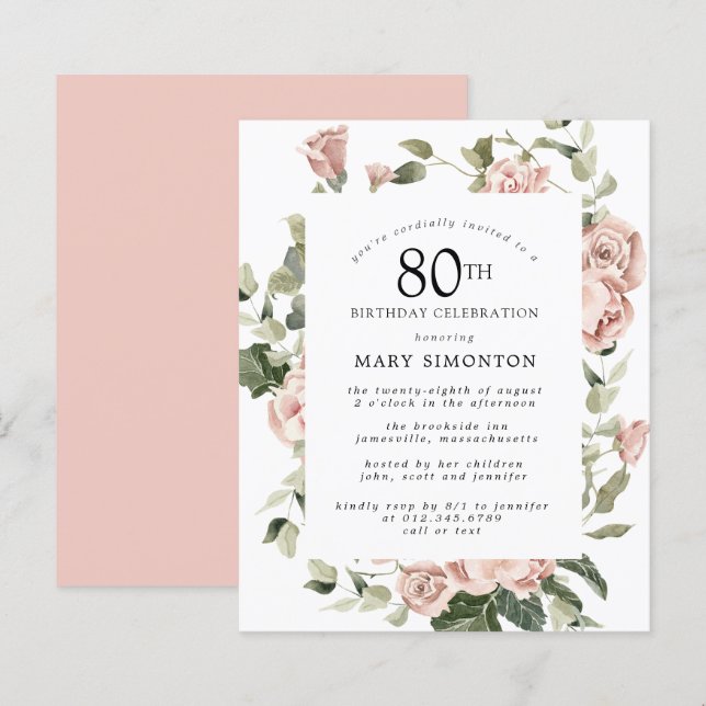 Invitation de fête d'anniversaire 80 ans Budget Du (Devant / Derrière)