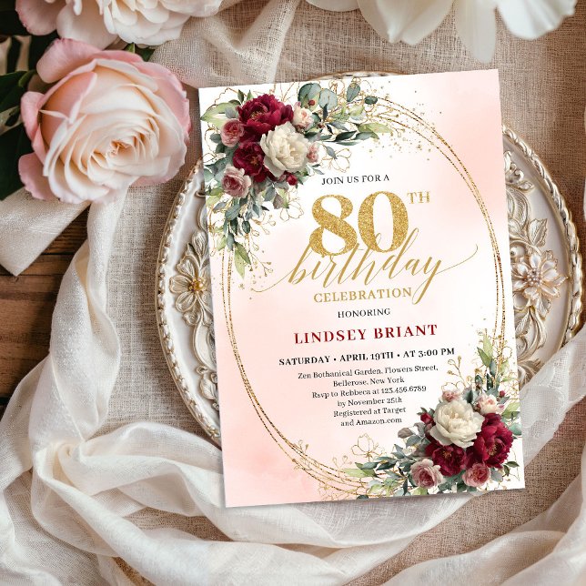 Invitation de fête d'anniversaire 80 ans Floral Bo (Soft Blush Boho Floral 80th Birthday Party Invitation)
