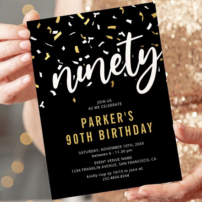 Invitation de fête d'anniversaire 90 ans noir et o (Créateur téléchargé)