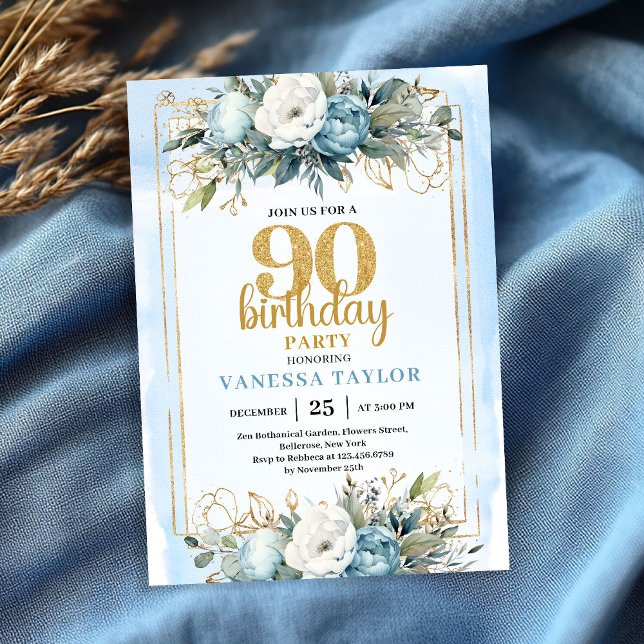 Invitation de fête d'anniversaire 90 ans Watercolo (Watercolor Dusty Blue 90th Birthday Party Invite Glitter

)