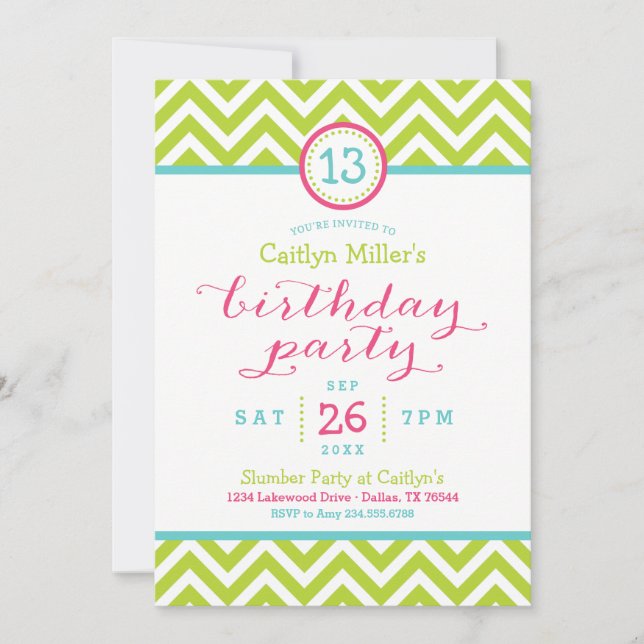 Invitation de fête d'anniversaire à chevron zigzag (Devant)