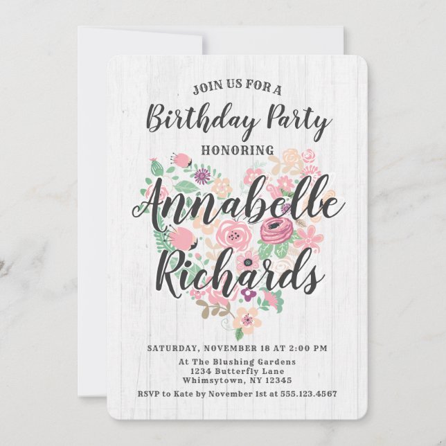 Invitation de fête d'anniversaire à cœur floral ro (Devant)