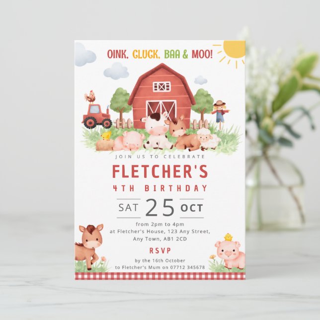 Invitation de fête d'anniversaire à la ferme rouge (Debout devant)