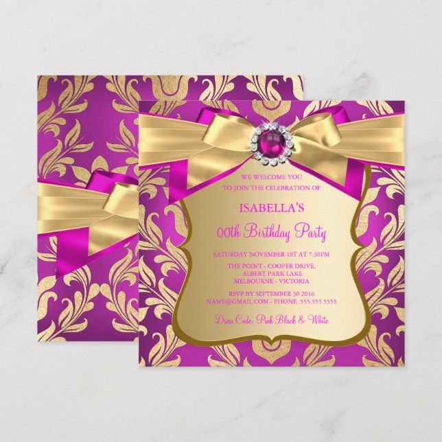 Invitation de fête d'anniversaire à ruban en damas (Devant / Derrière)