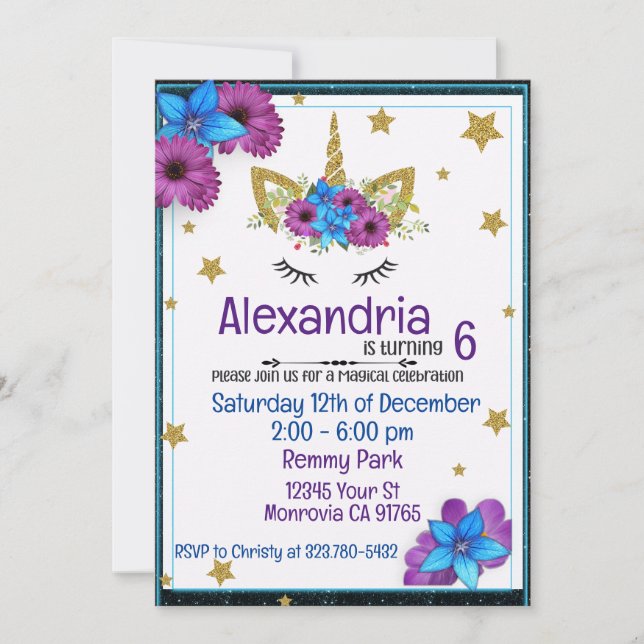 Invitation de fête d'anniversaire à thème violet U (Devant)