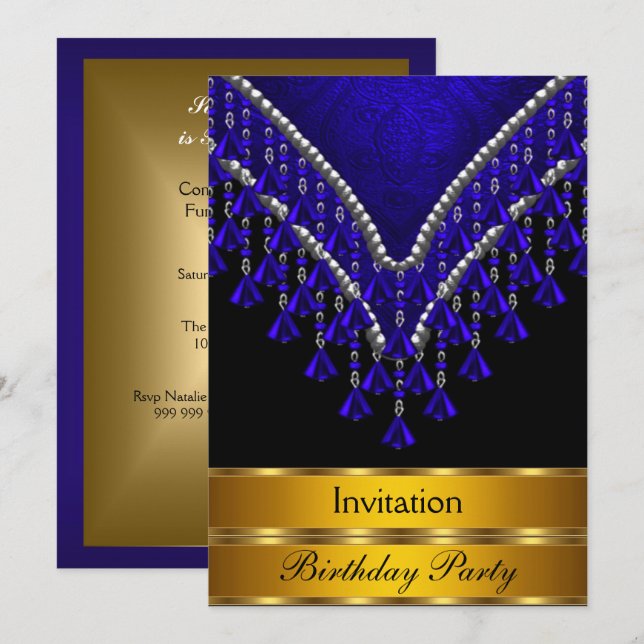 Invitation de fête d'anniversaire Art Déco Bleu Ro (Devant / Derrière)