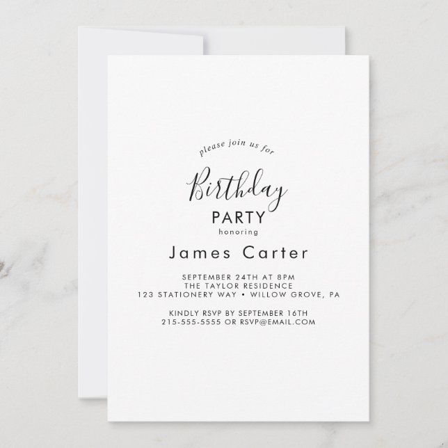 Invitation de fête d'anniversaire au script modern (Devant)