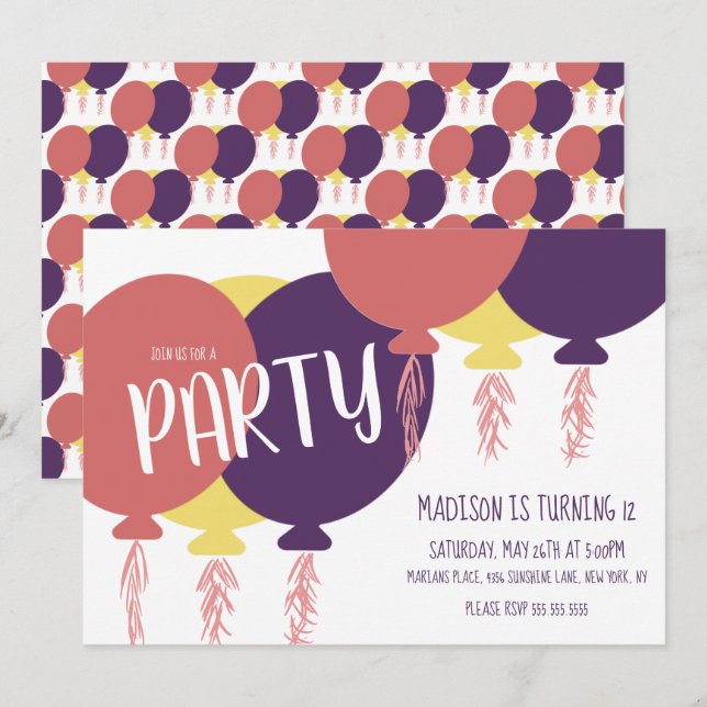 Invitation de fête d'anniversaire avec ballon flot (Devant / Derrière)