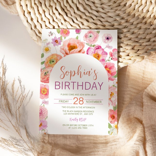 Invitation de fête d'anniversaire avec cadre d'arc (Watercolor Floral Arch Frame Birthday Party Invitation)