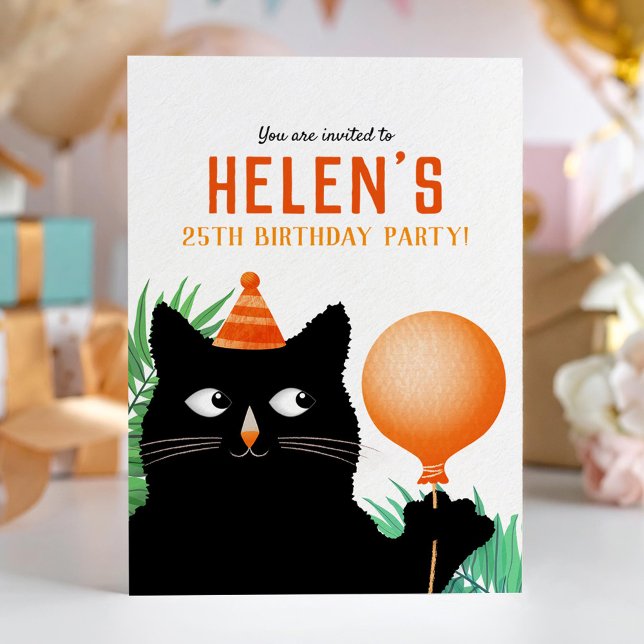 Invitation de fête d'anniversaire avec chat noir e (Créateur téléchargé)