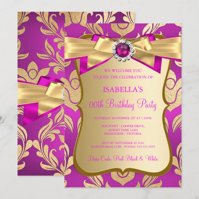 Invitation de fête d'anniversaire avec ruban en da (Devant / Derrière)
