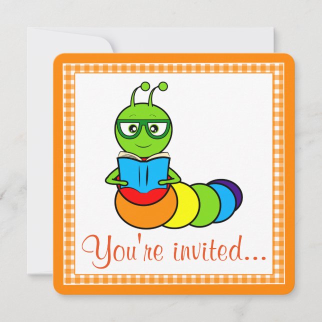 Invitation de fête d'anniversaire avec ver de livr (Devant)