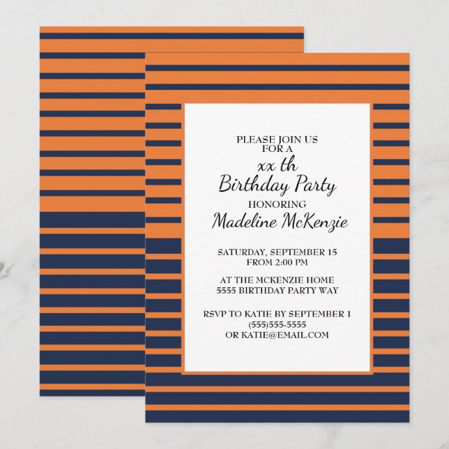 Invitation de fête d'anniversaire bleu orange (Devant / Derrière)