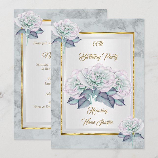 Invitation de fête d'anniversaire Bleu Rose Argent (Devant / Derrière)