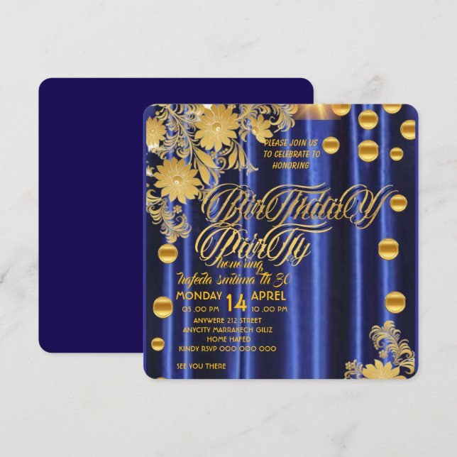 Invitation de fête d'anniversaire bleu royal or, f (Devant / Derrière)