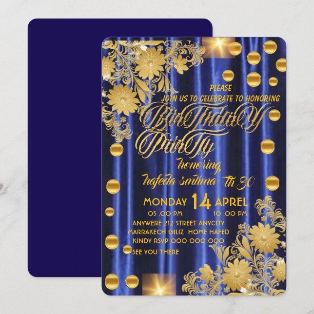 Invitation de fête d'anniversaire bleu royal or, f (Devant / Derrière)