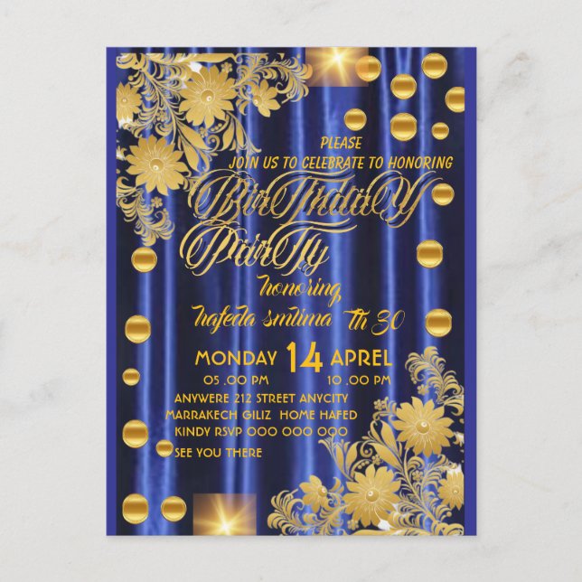 Invitation de fête d'anniversaire bleu royal or, f (Devant)