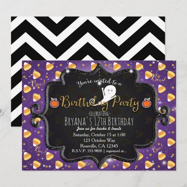 Invitation de fête d'anniversaire bonbon violet en (Devant / Derrière)