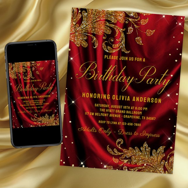 Invitation de fête d'anniversaire bordeaux et or p (Womans elegant red and gold birthday party invitation with gold swirls on a red satin background.)