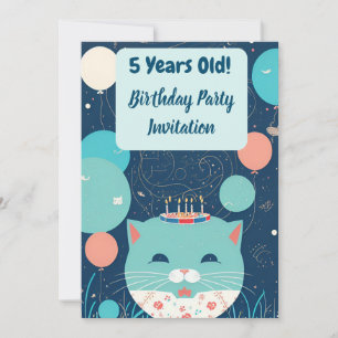 Invitation de fête d'anniversaire Chat 5 ans Turqu