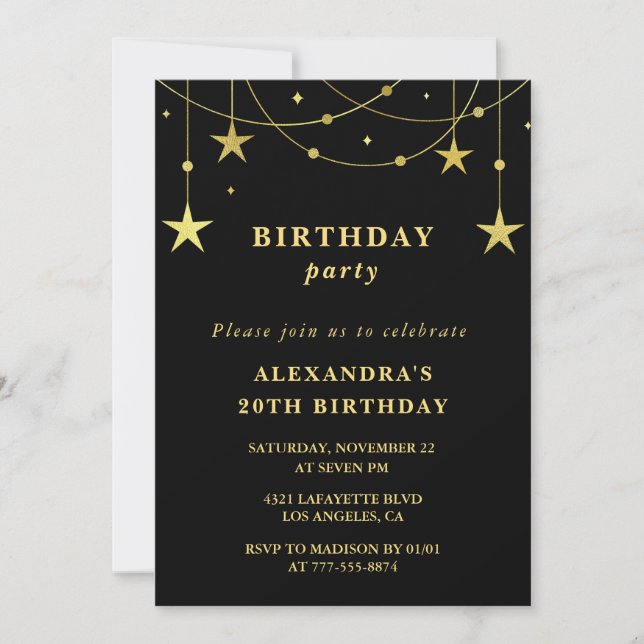 Invitation de fête d'anniversaire Chic Noir 20 ans (Devant)
