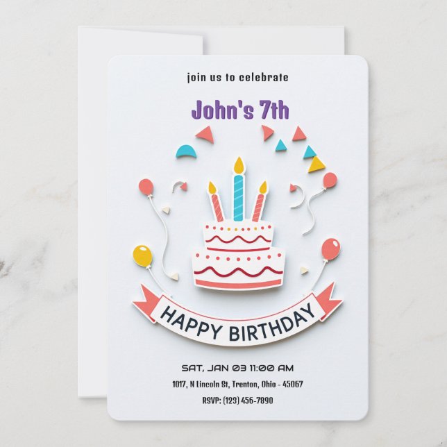 Invitation de fête d'anniversaire colorée avec ban (Devant)