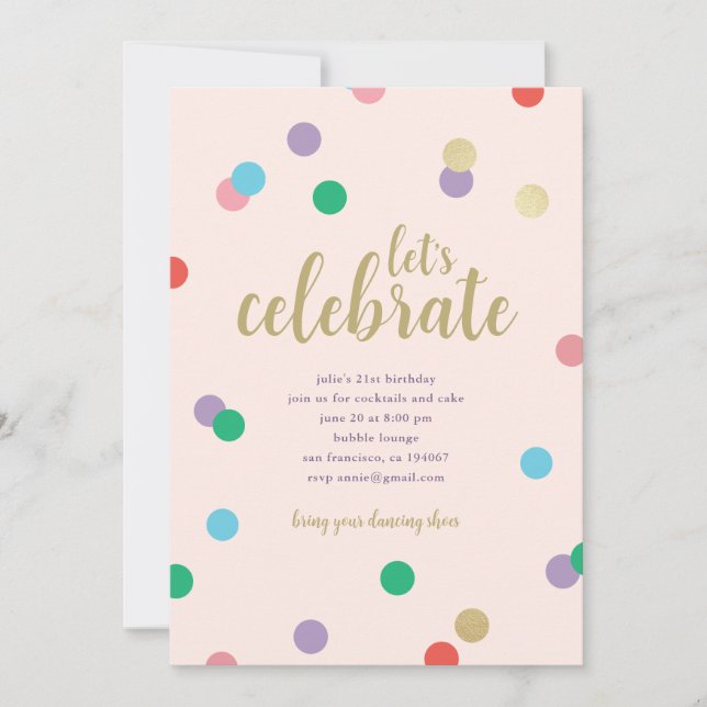 Invitation de fête d'anniversaire Confetti Rose pê (Devant)