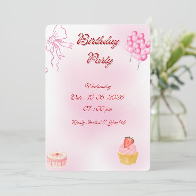 Invitation de fête d'anniversaire Coquette Rose av (Debout devant)
