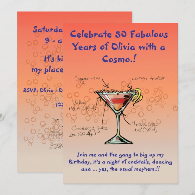 Invitation de fête d'anniversaire cosmopolite (Devant / Derrière)