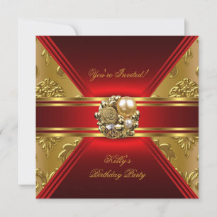 Invitation de fête d'anniversaire Damassé Rouge Or