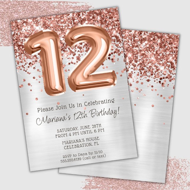 Invitation de fête d'anniversaire de 12 ans Rose G (Créateur téléchargé)
