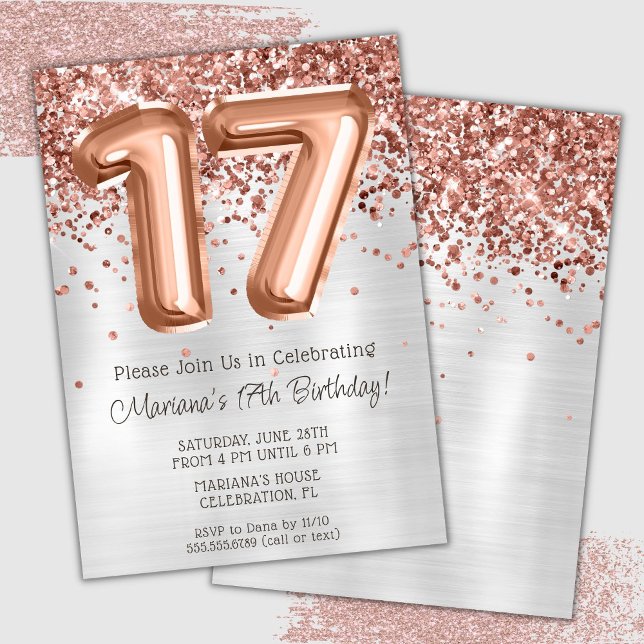 Invitation de fête d'anniversaire de 17 ans Rose G (Créateur téléchargé)