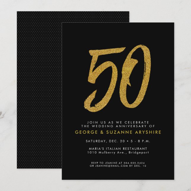 Invitation de fête d'anniversaire de 50 ans noir e (Devant / Derrière)