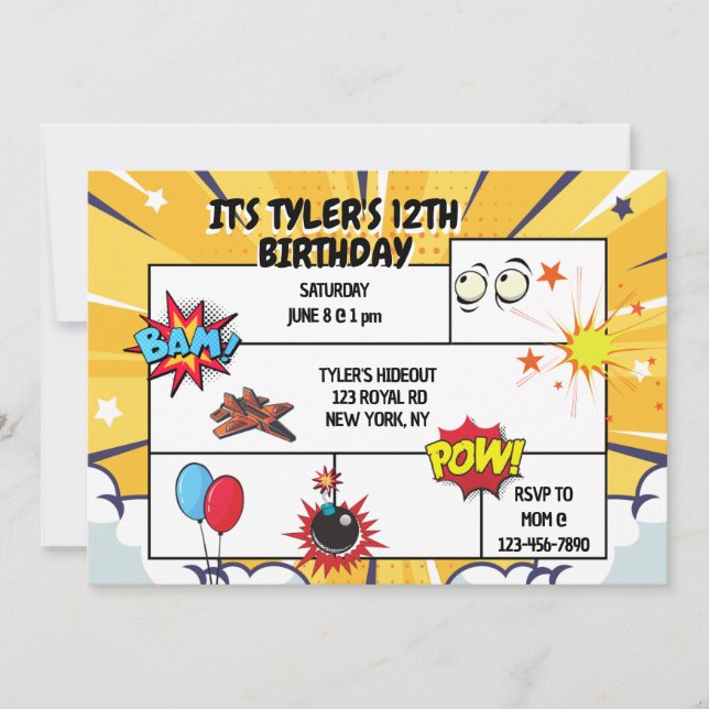 Invitation de fête d'anniversaire de bande dessiné (Devant)