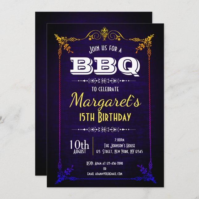 Invitation de fête d'anniversaire de BBQ de bleu (Devant / Derrière)