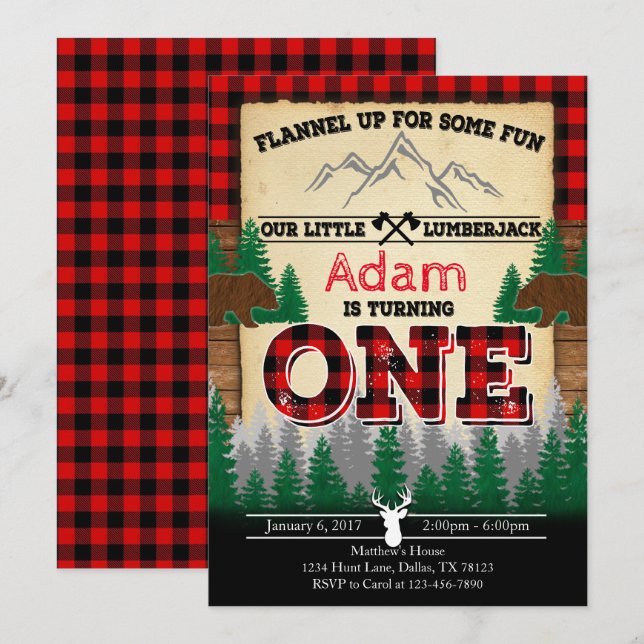 Invitation de fête d'anniversaire de bûcheron de (Devant / Derrière)