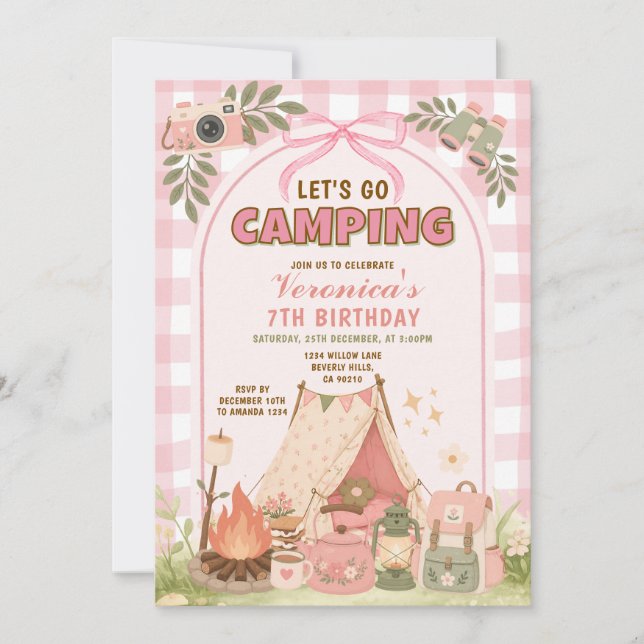 Invitation de fête d'anniversaire de camping rose  (Devant)