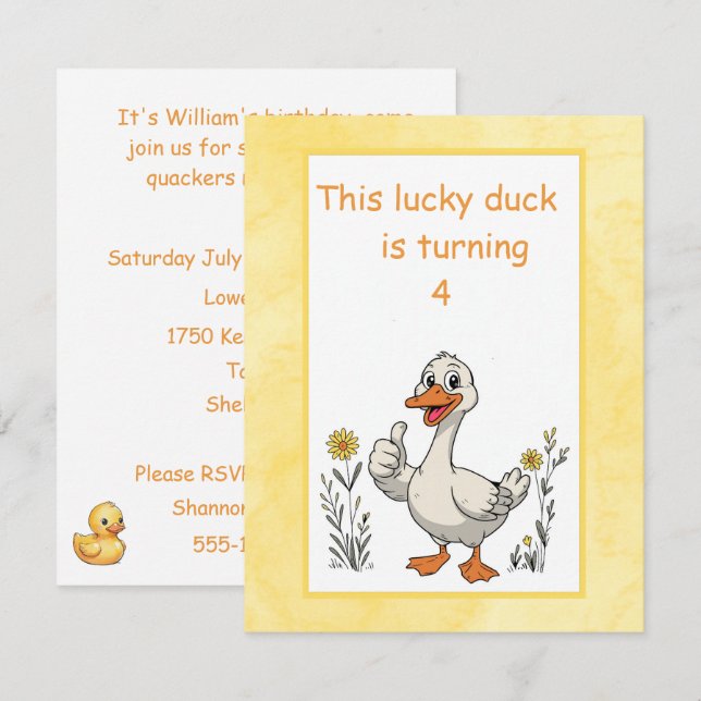 Invitation de fête d'anniversaire de Canard Chance (Devant / Derrière)