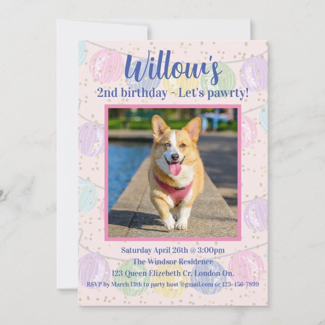 Invitation de fête d'anniversaire de chien rose (Devant)