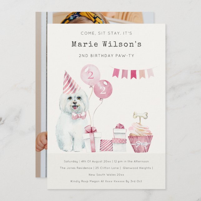 Invitation de fête d'anniversaire de chien rose mi (Devant / Derrière)