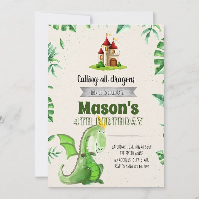 Invitation de fête d'anniversaire de dragon (Devant)
