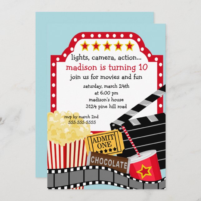 Invitation de fête d'anniversaire de film (Devant / Derrière)