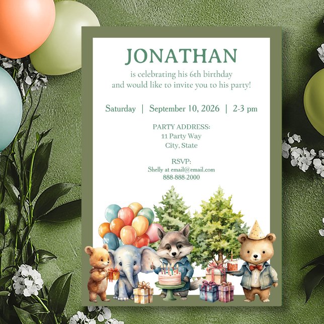 Invitation de fête d'anniversaire de forêt aquarel (Créateur téléchargé)