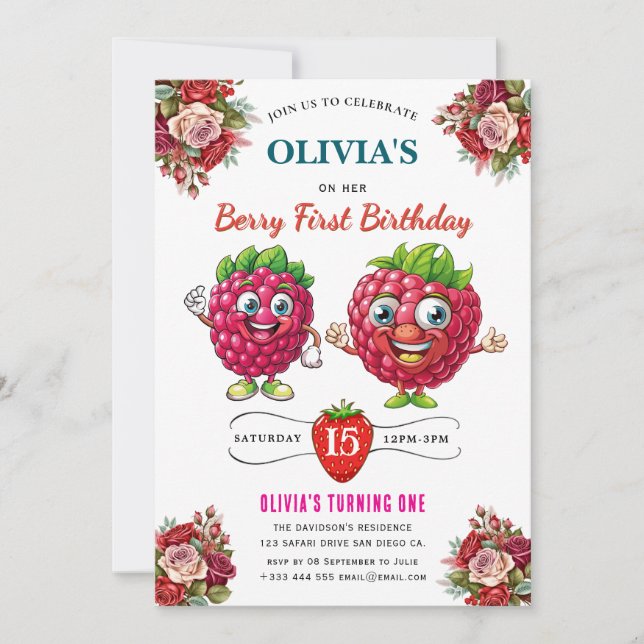 Invitation de fête d'anniversaire de framboise (Devant)