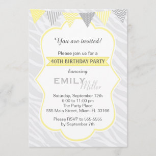 Invitation de fête d'anniversaire de gris jaune de