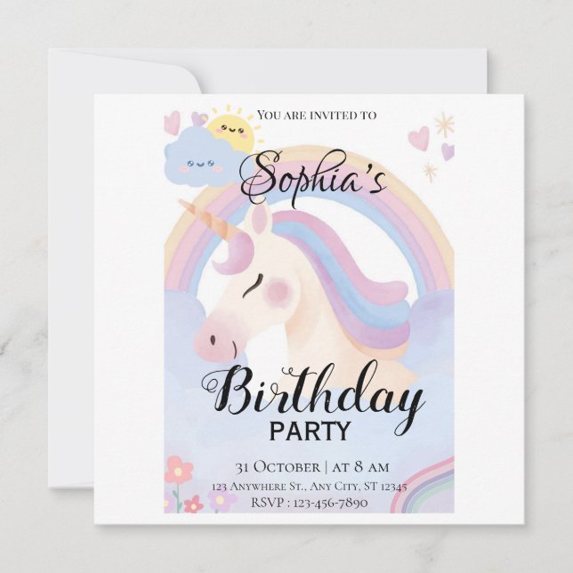 Invitation de fête d'anniversaire de la licorne mo (Devant)