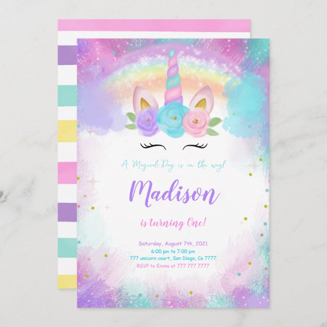 Invitation de fête d'anniversaire de la licorne mo (Devant / Derrière)