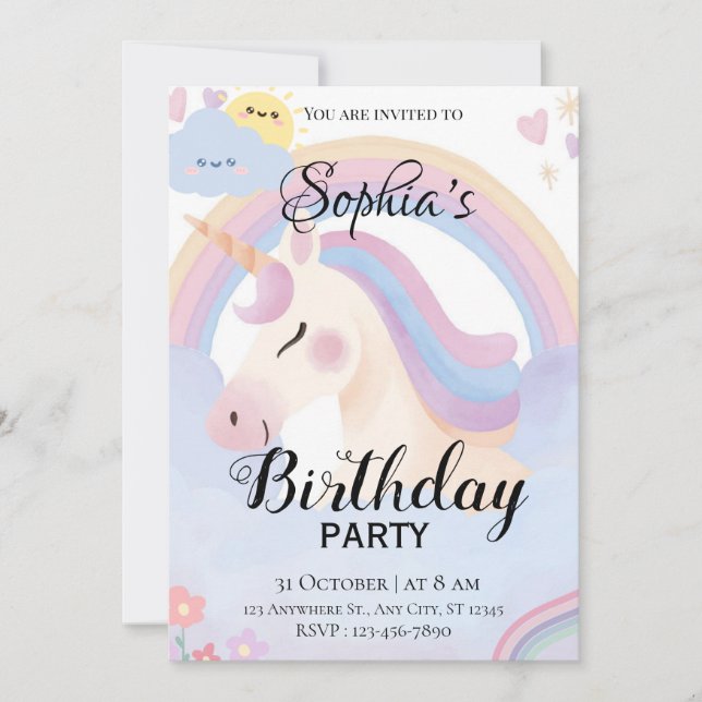 Invitation de fête d'anniversaire de la licorne mo (Devant)