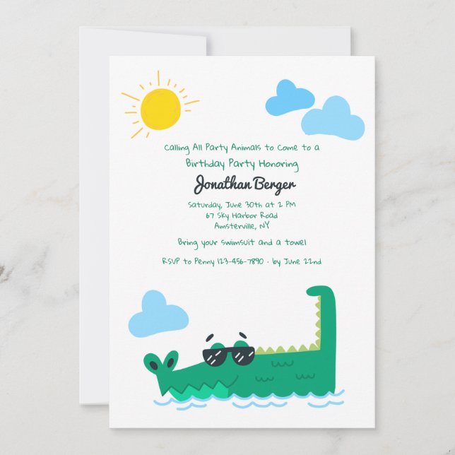 Invitation de fête d'anniversaire de l'Alligator (Devant)